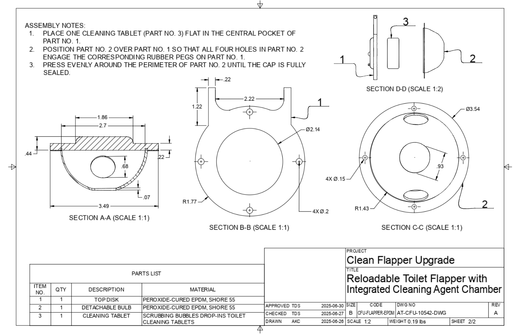 Technical drawing of novel toilet flapper